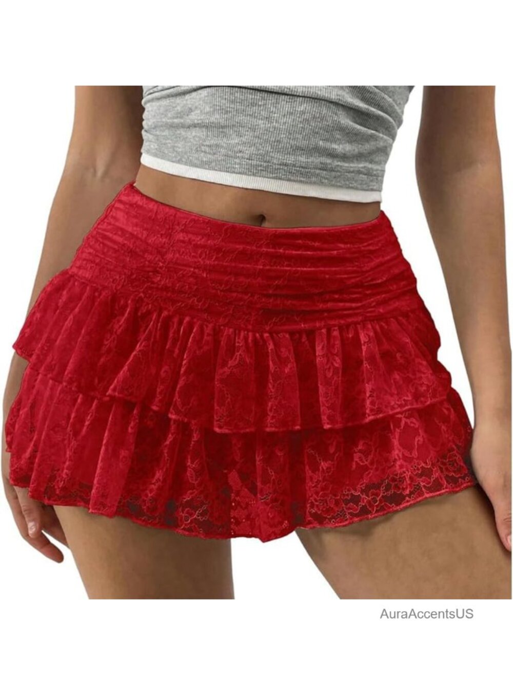 Y2K Lace Ruffle Mini Skirt with Built-in Shorts, A-Line, Elastic Waist